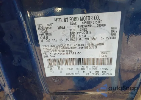 2008 Ford F-150 Stx/Xl/Xlt z USA, uszkodzony, nr VIN 1FTRX14W48FA72156